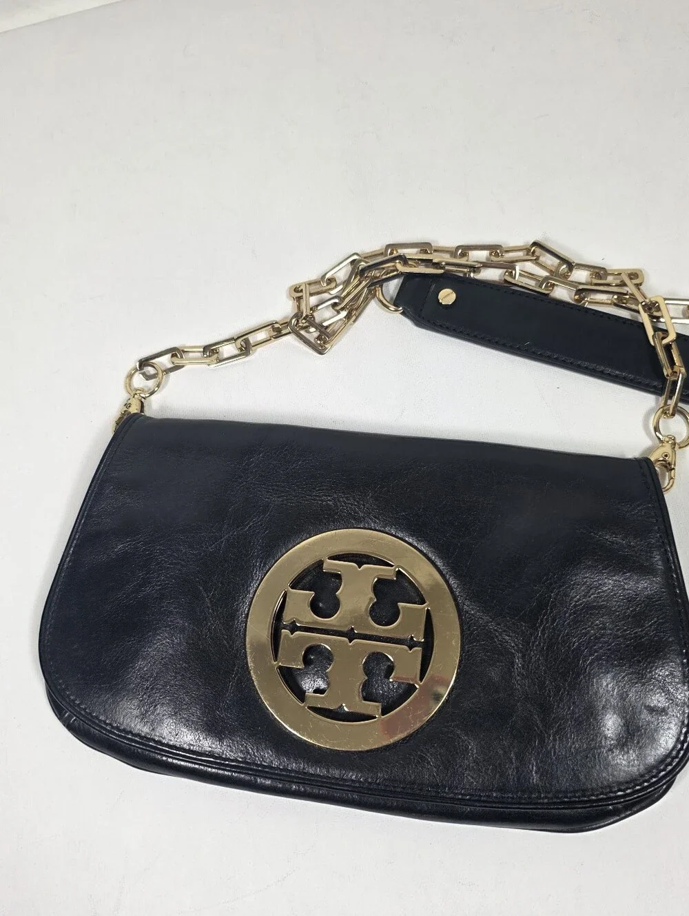Tory Burch  Reva Black Leather Clutch Crossbody Gold Emblem